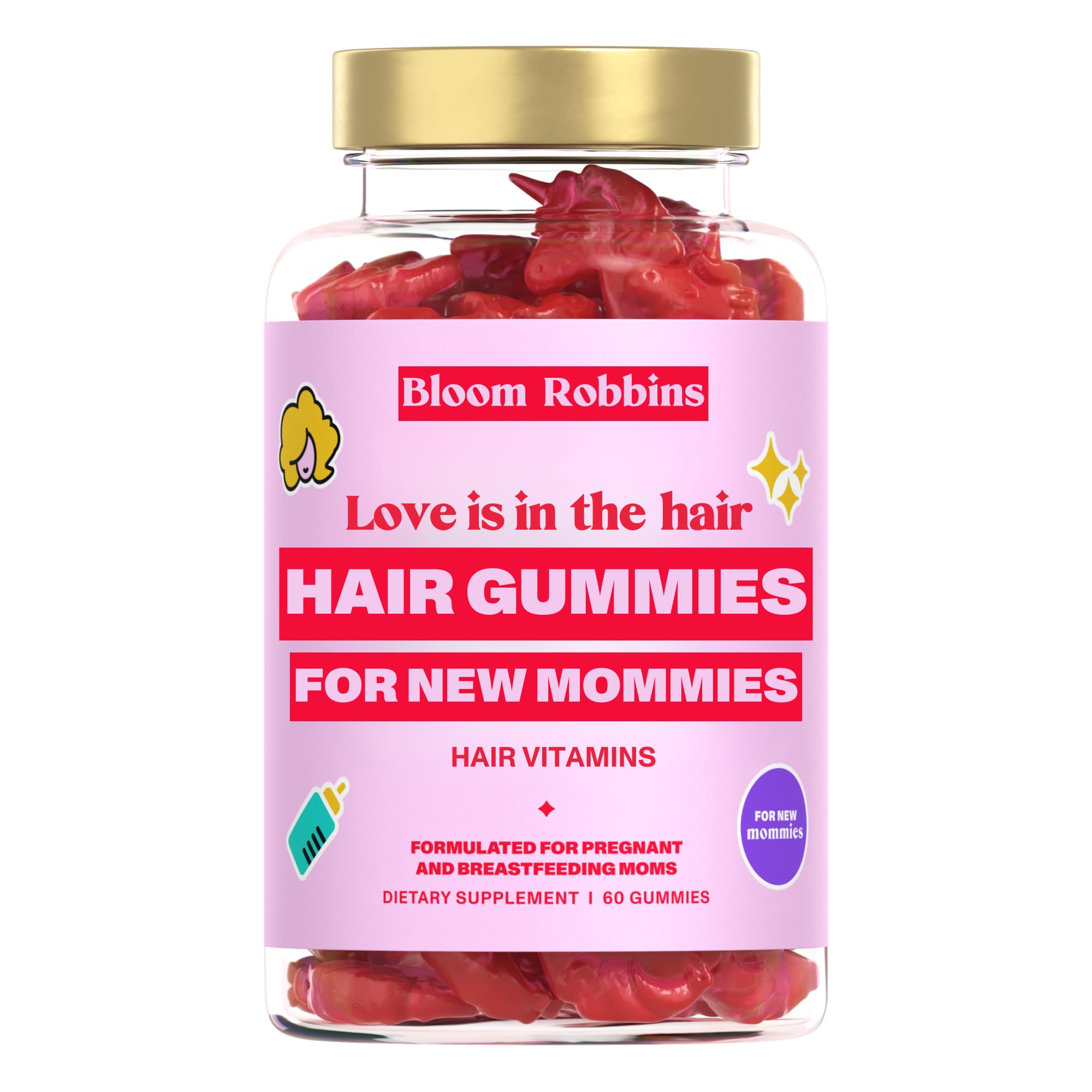 Bloom Robbins Hair Gummy bottle shows strawberry flavor and prenatal support for hair health
