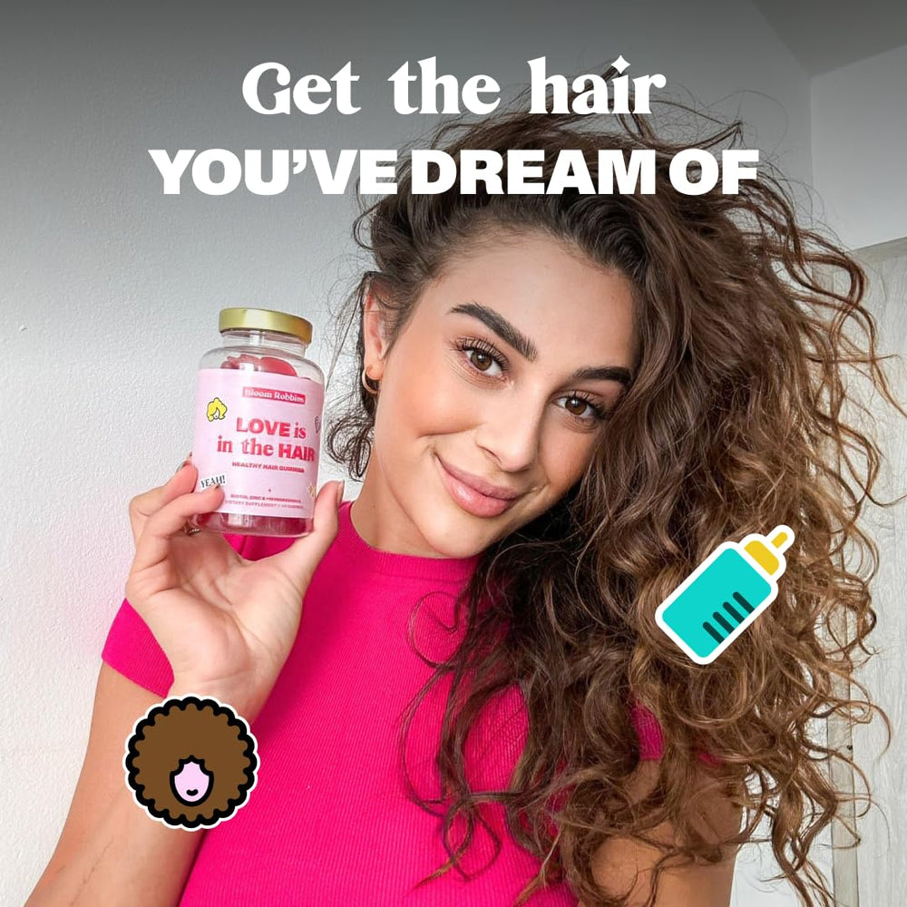 Bloom Robbins postpartum hair support concept with gummies