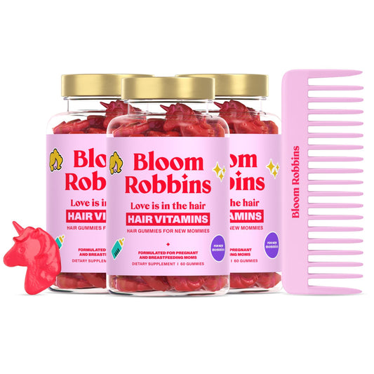 Bloom Robbins Hair Gummy Prenatal bottle-front shows vegan formula for pregnancy-safe hair support.