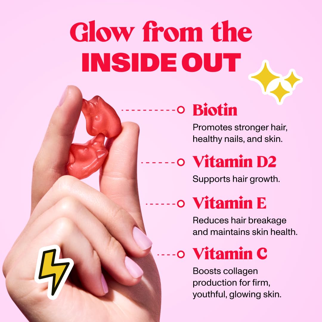 Bloom Robbins ingredient panel highlighting biotin and vitamins for hair health.