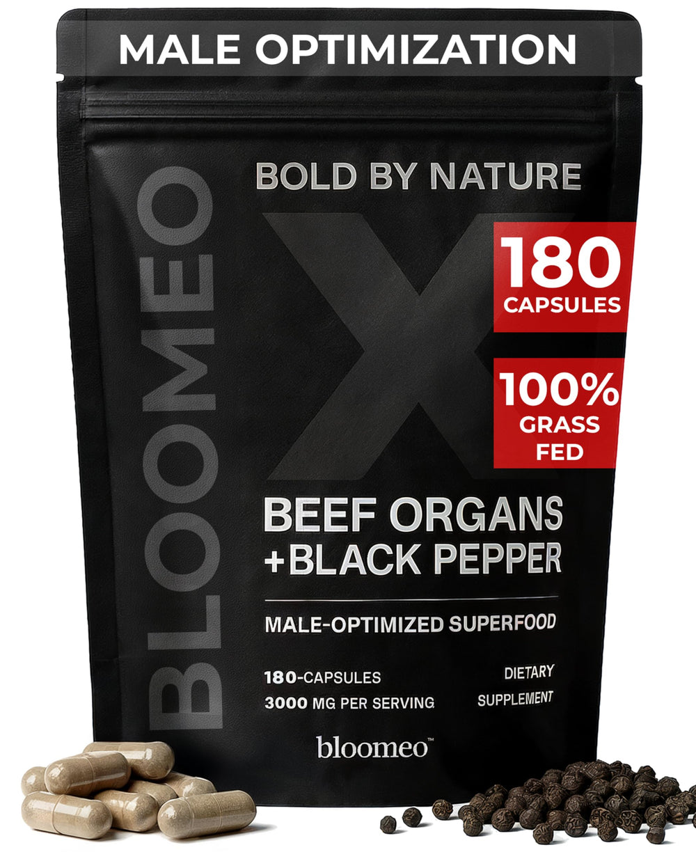 Bloomeo beef organ supplement capsules shown for daily vitality.