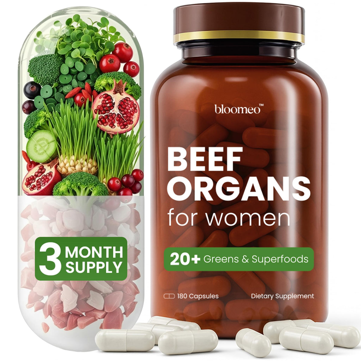 Bloomeo grass-fed beef organ bottle promotes daily vitality and hormonal balance.