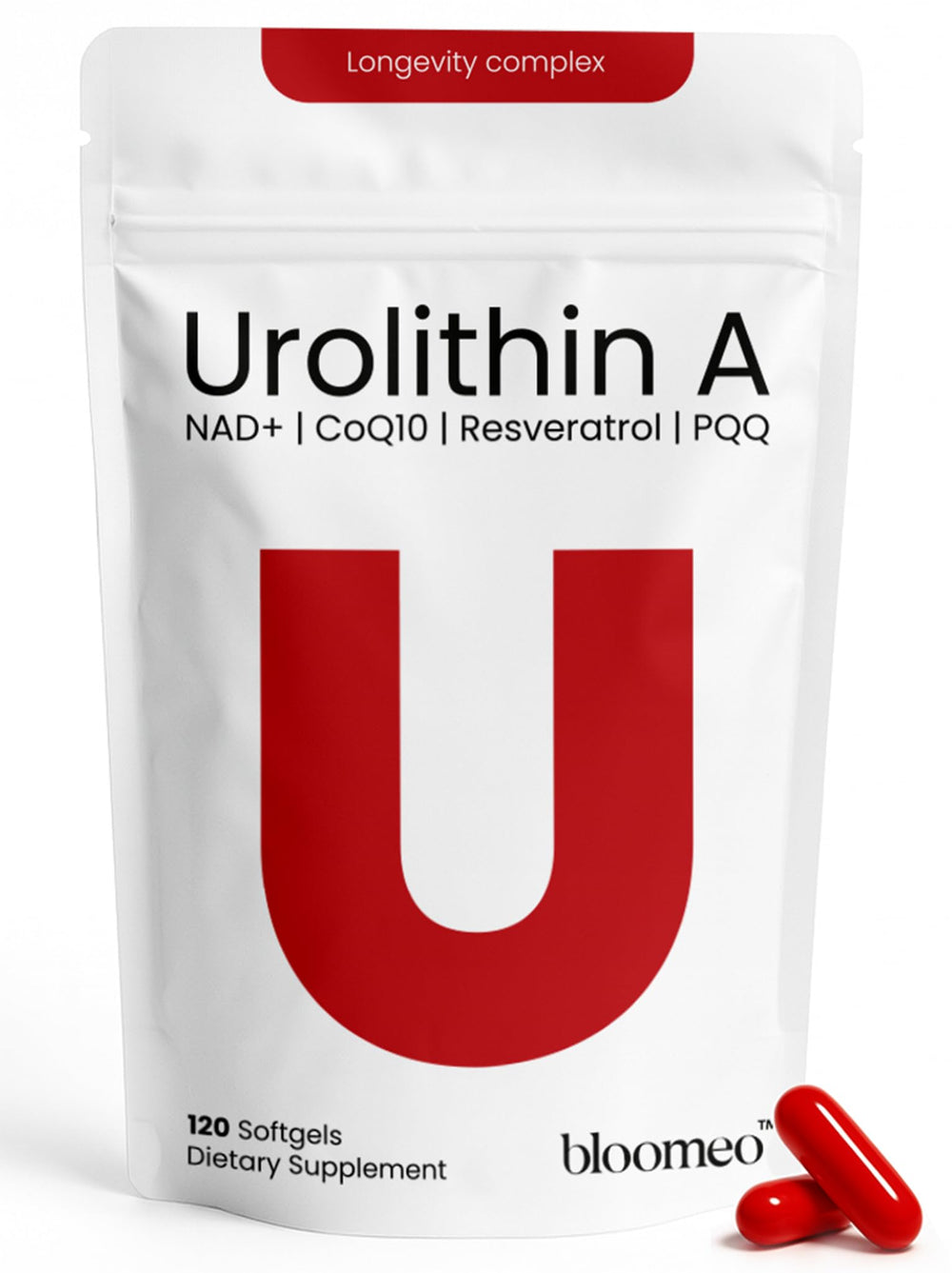 Bloomeo Urolithin A softgels bottle symbolizing mitochondrial support and energy