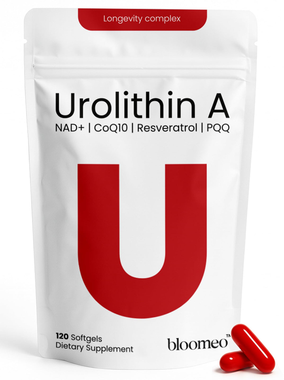 Bloomeo Urolithin A softgels bottle symbolizing mitochondrial support and energy