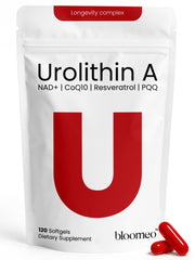 Bloomeo Urolithin A softgels bottle symbolizing mitochondrial support and energy