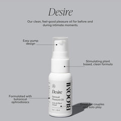 Bloomi Desire Body Oil fragrance-free label showing skin-friendly formula.