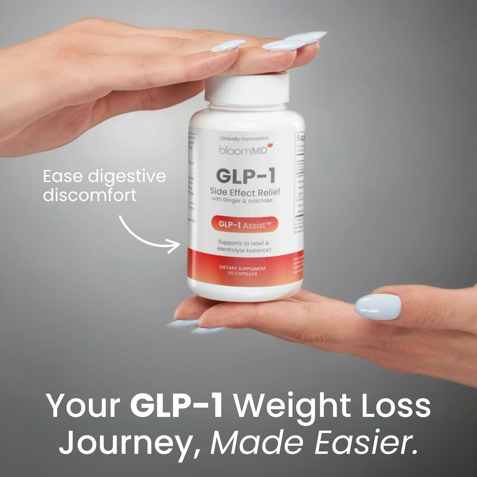 BloomMD ginger root extract capsules highlighting natural digestion support.