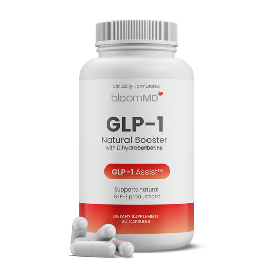 BloomMD GLP-1 Natural Booster bottle on a clean desk for daily wellness support