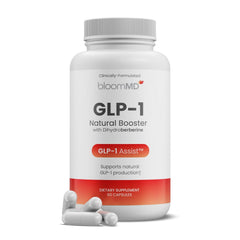BloomMD GLP-1 Natural Booster bottle on a clean desk for daily wellness support