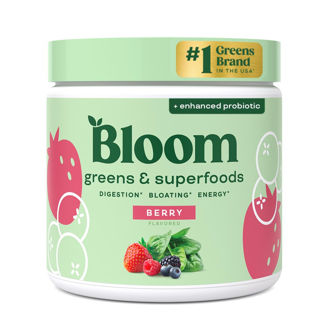 Bloom Nutrition Greens powder bottle front; supports digestion and energy