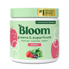 Bloom Nutrition Greens powder bottle front; supports digestion and energy