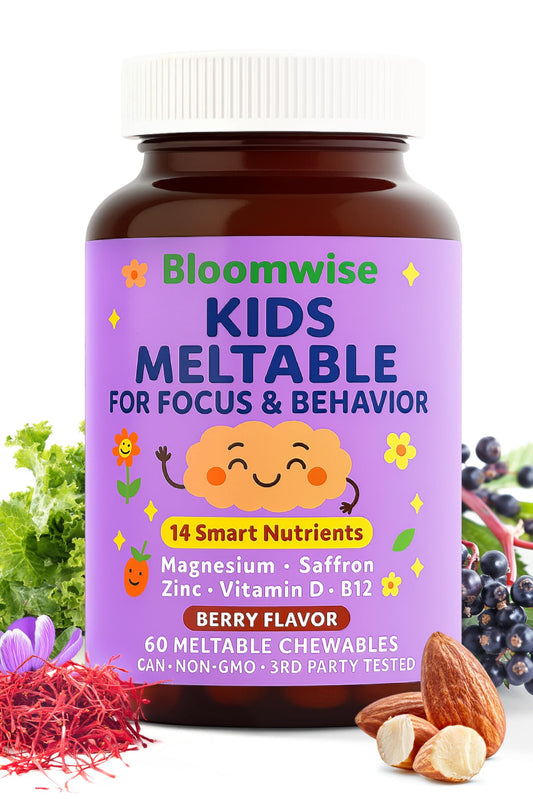 Bloomwise Kids Meltables Berry bottle shown for calmer mornings.