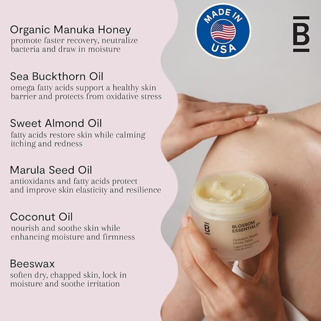 Ingredients illustration for Blossom Essentials Honey Salve including aloe and honey.