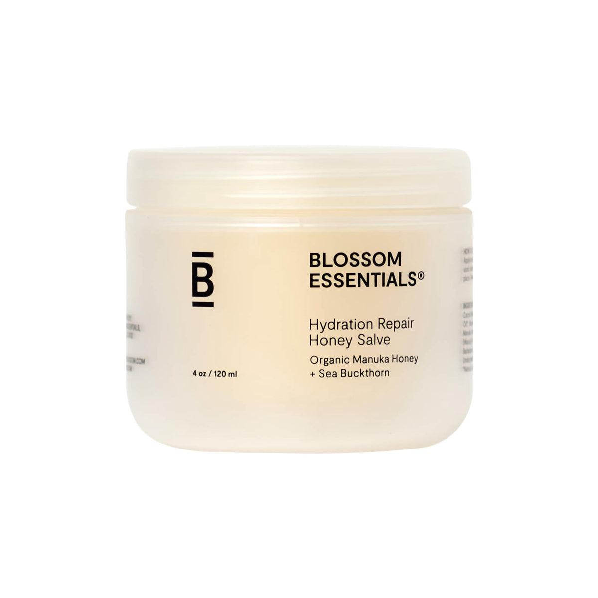 Blossom Essentials Honey Salve jar shows rich hydration for dry skin.