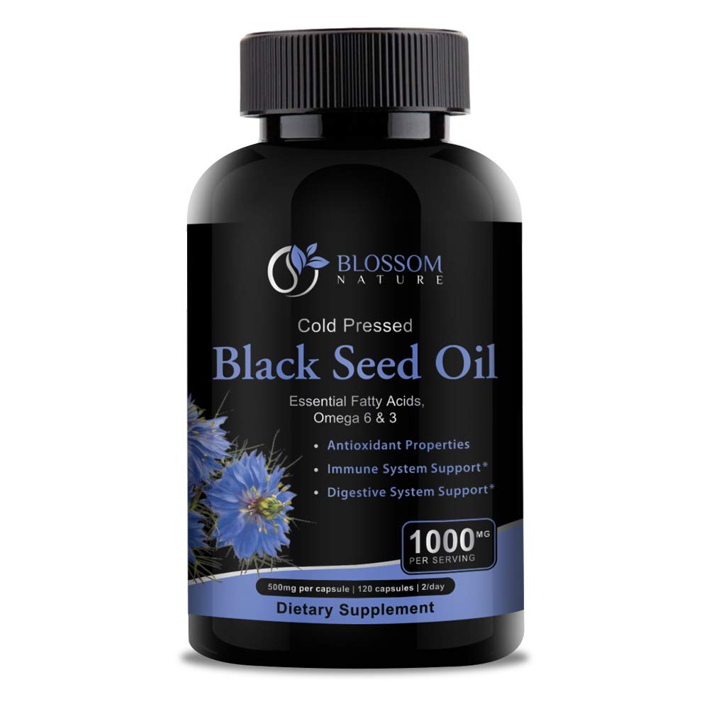 Blossom Nature Black Seed Oil Capsules front bottle, a convenient daily wellness supplement.