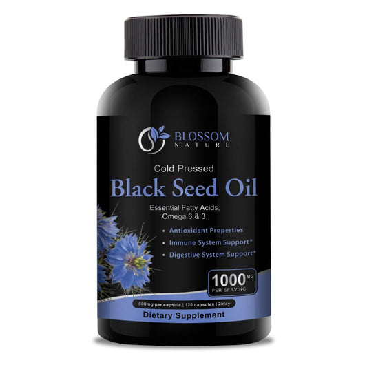 Blossom Nature Black Seed Oil Capsules front bottle, a convenient daily wellness supplement.