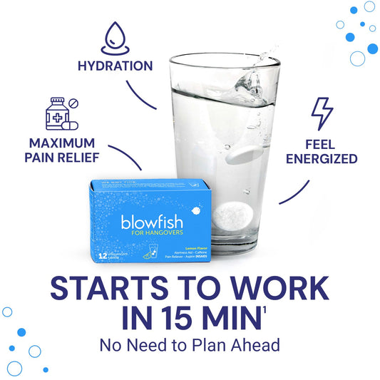 Blowfish effervescent tablets fizzing in a glass for fast relief.