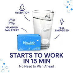 Blowfish effervescent tablets fizzing in a glass for fast relief.