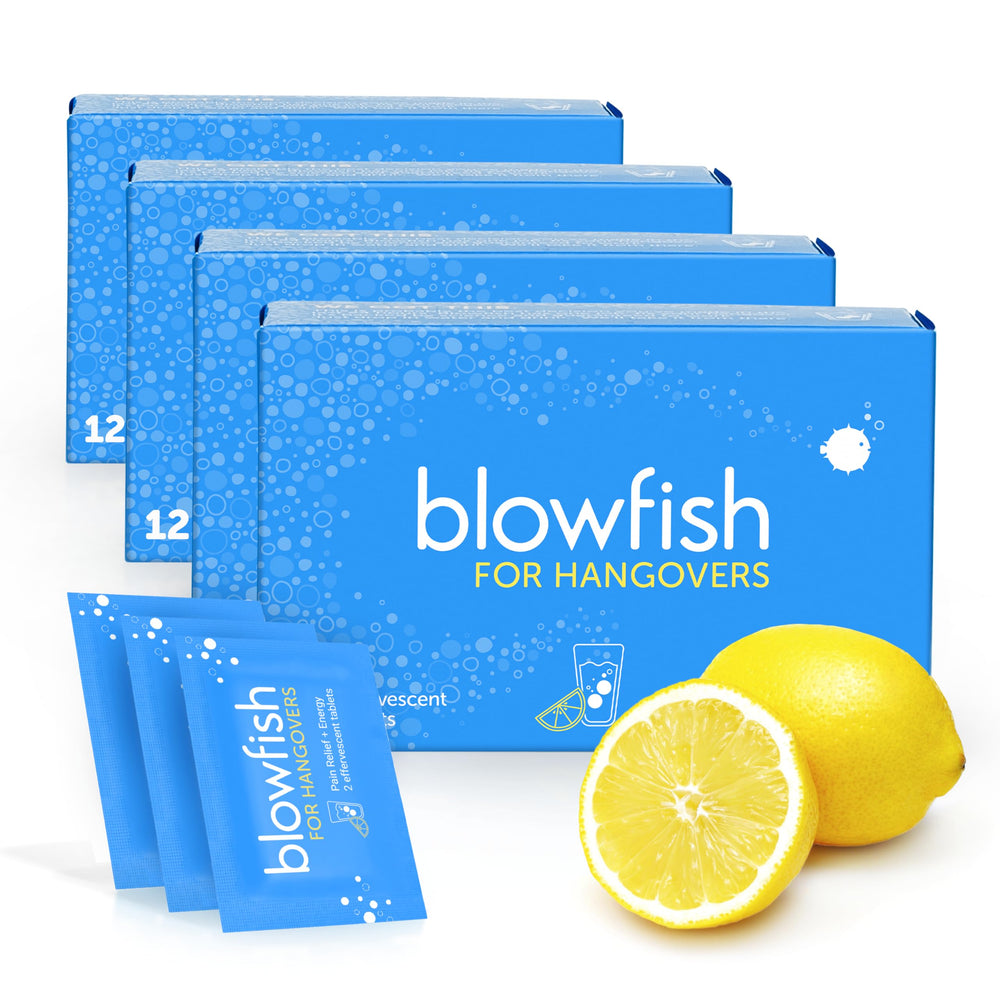 Blowfish hangover tablets dissolving in water for quick relief.