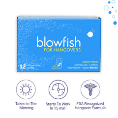 Blowfish travel pack shown for on-the-go hangover support.
