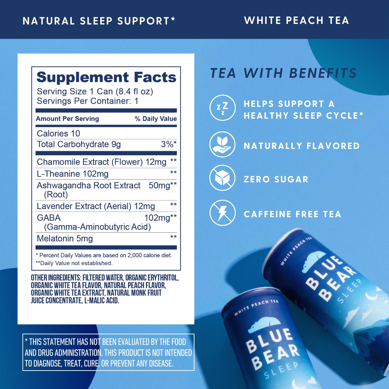 Blue Bear Melatonin Sleep Drink can side, caffeine-free evening ritual