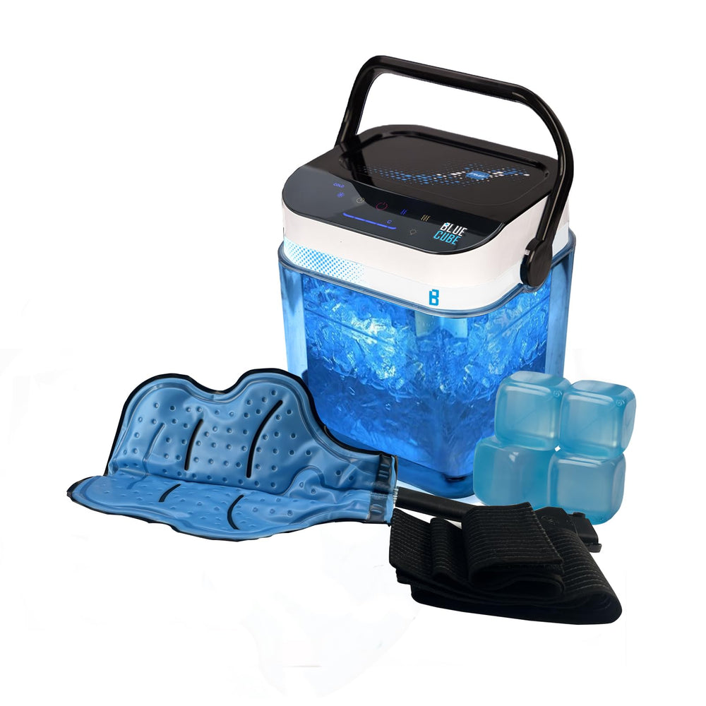 Blue Cube circulating ice machine front view showing compact design for easy recovery sessions.