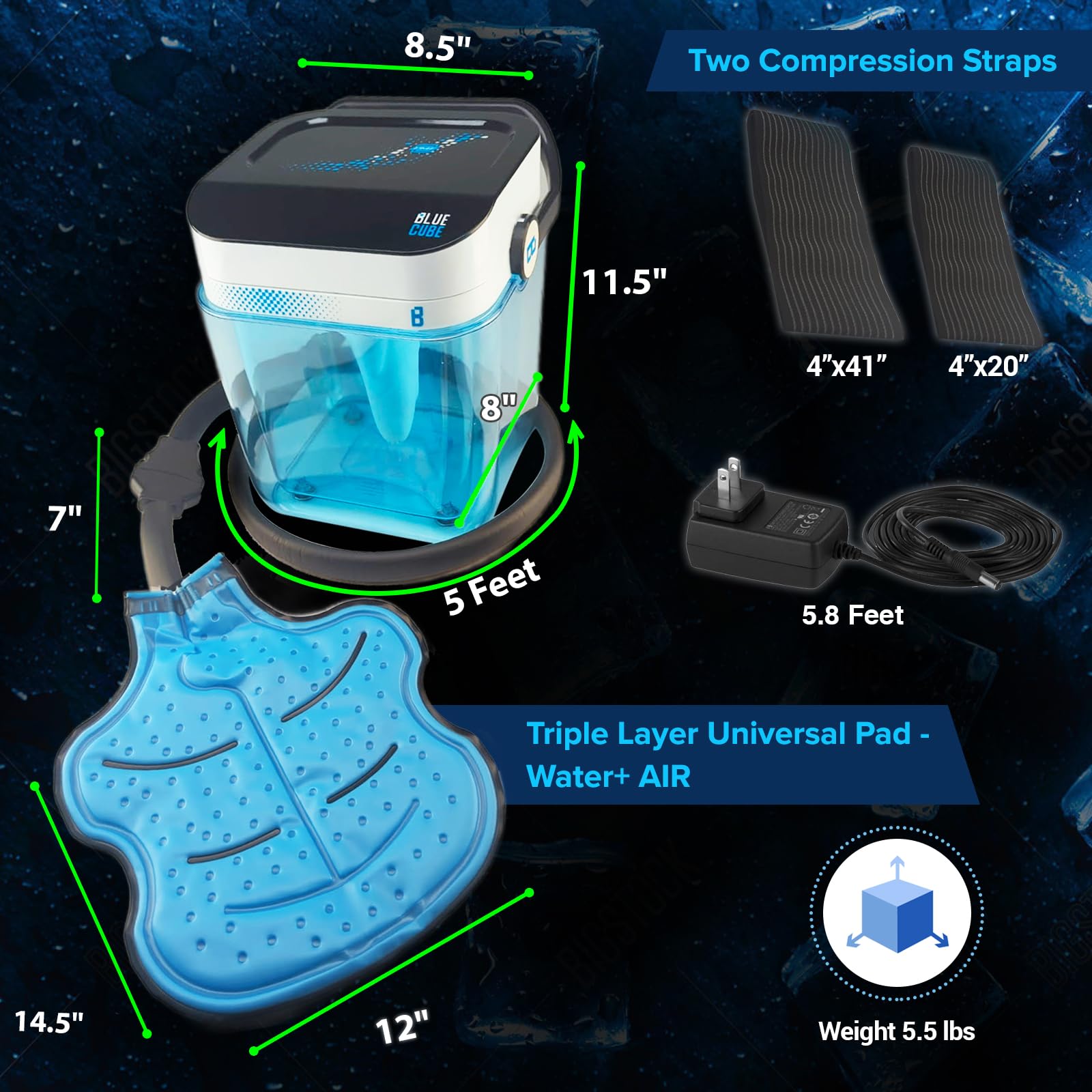 Blue Cube universal therapy pad used on knee, shoulder, or elbow for versatile relief.