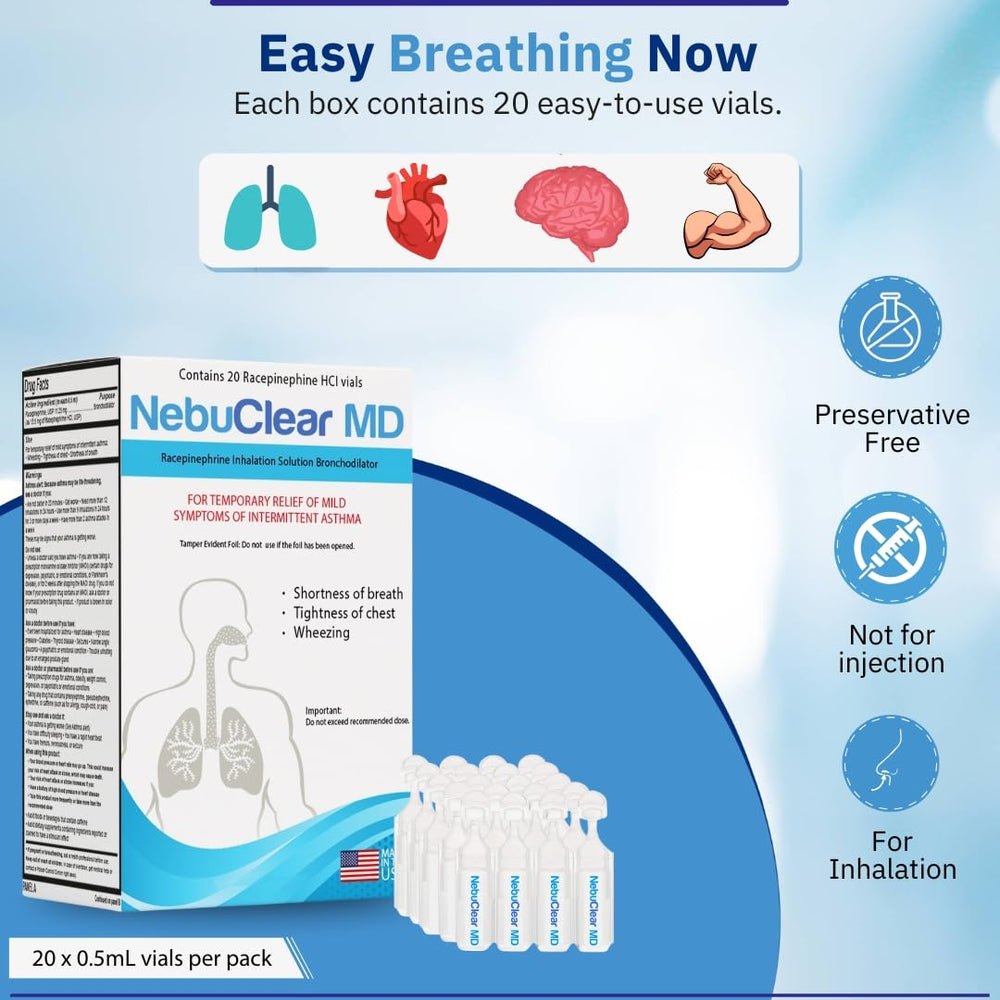 Blue Echo Care NebuClear MD preservative-free label supports gentle daily respiratory care.