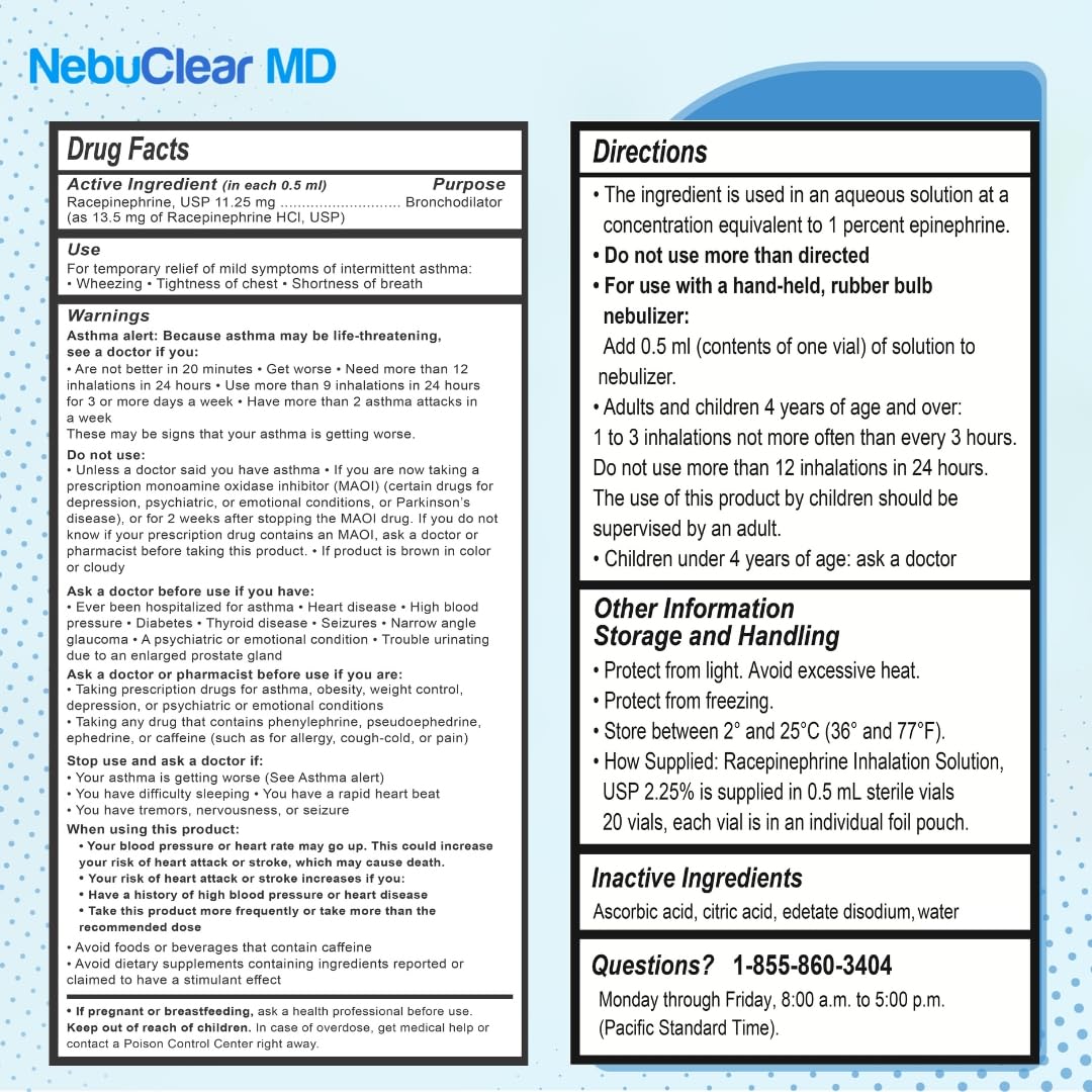 Blue Echo Care NebuClear MD USA-made label emphasizes quality and OTC convenience.