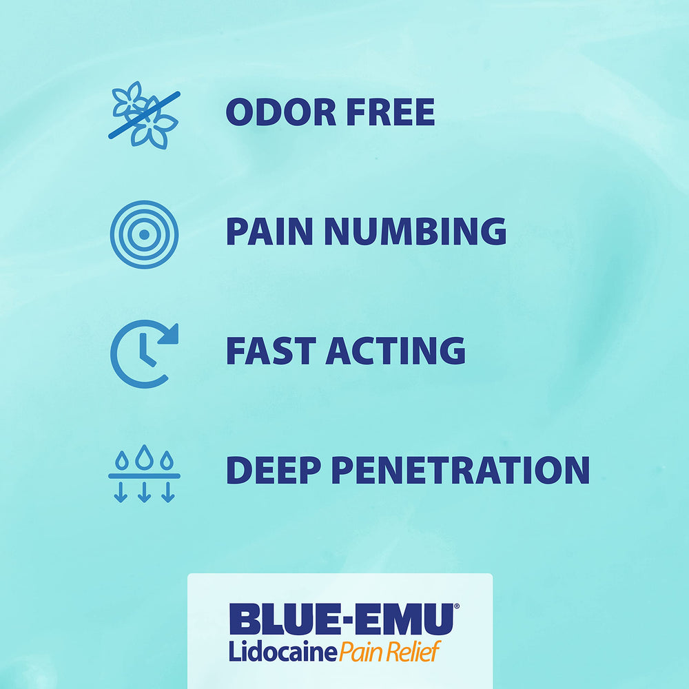 Two-pack display of BLUE-EMU lidocaine cream ideal for gym bag or travel.