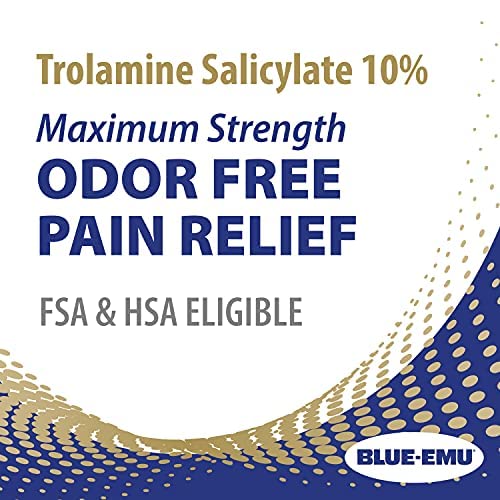 BLUE-EMU Maximum Pain Relief Cream label closeup highlighting odorless formula.