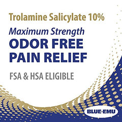BLUE-EMU Maximum Pain Relief Cream label closeup highlighting odorless formula.