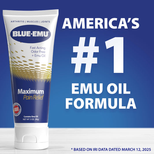 BLUE-EMU Maximum Pain Relief Cream tube dispensing showing fast-acting relief.