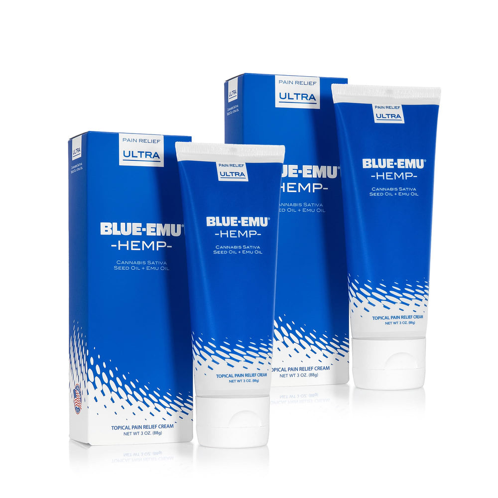 BLUE-EMU Ultra Hemp Arthritis Pain Relief Cream bottle and packaging highlight fast relief.