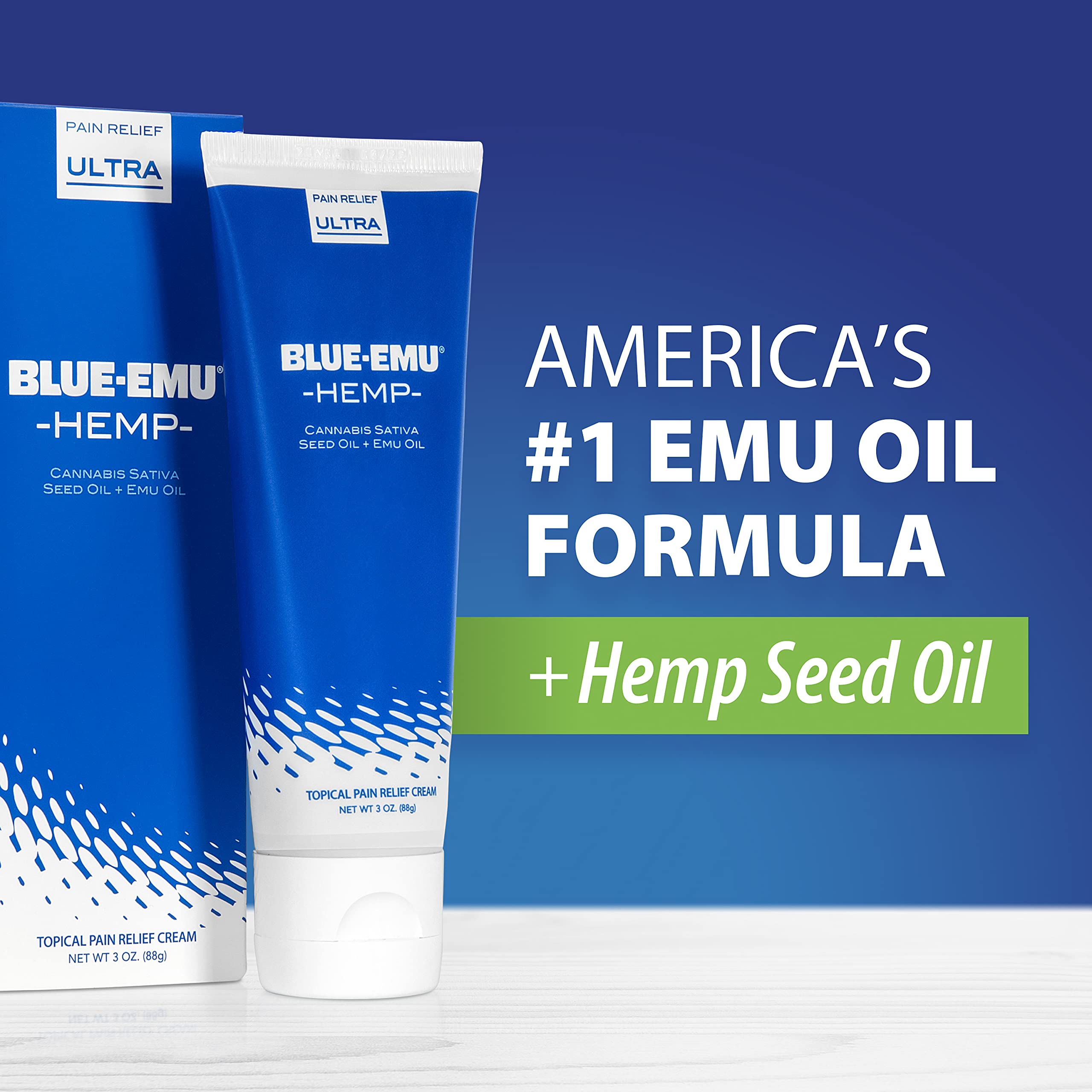 BLUE-EMU Ultra Hemp Arthritis Pain Relief Cream ingredients focus on hemp seed oil.