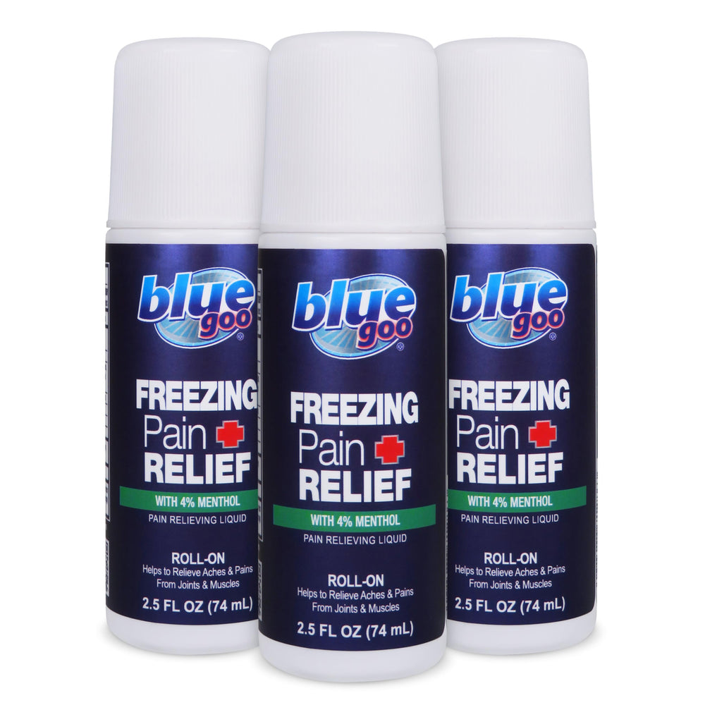 Blue Goo Pain Relieving Menthol Roll-On applied to back for a refreshing cooling sensation.