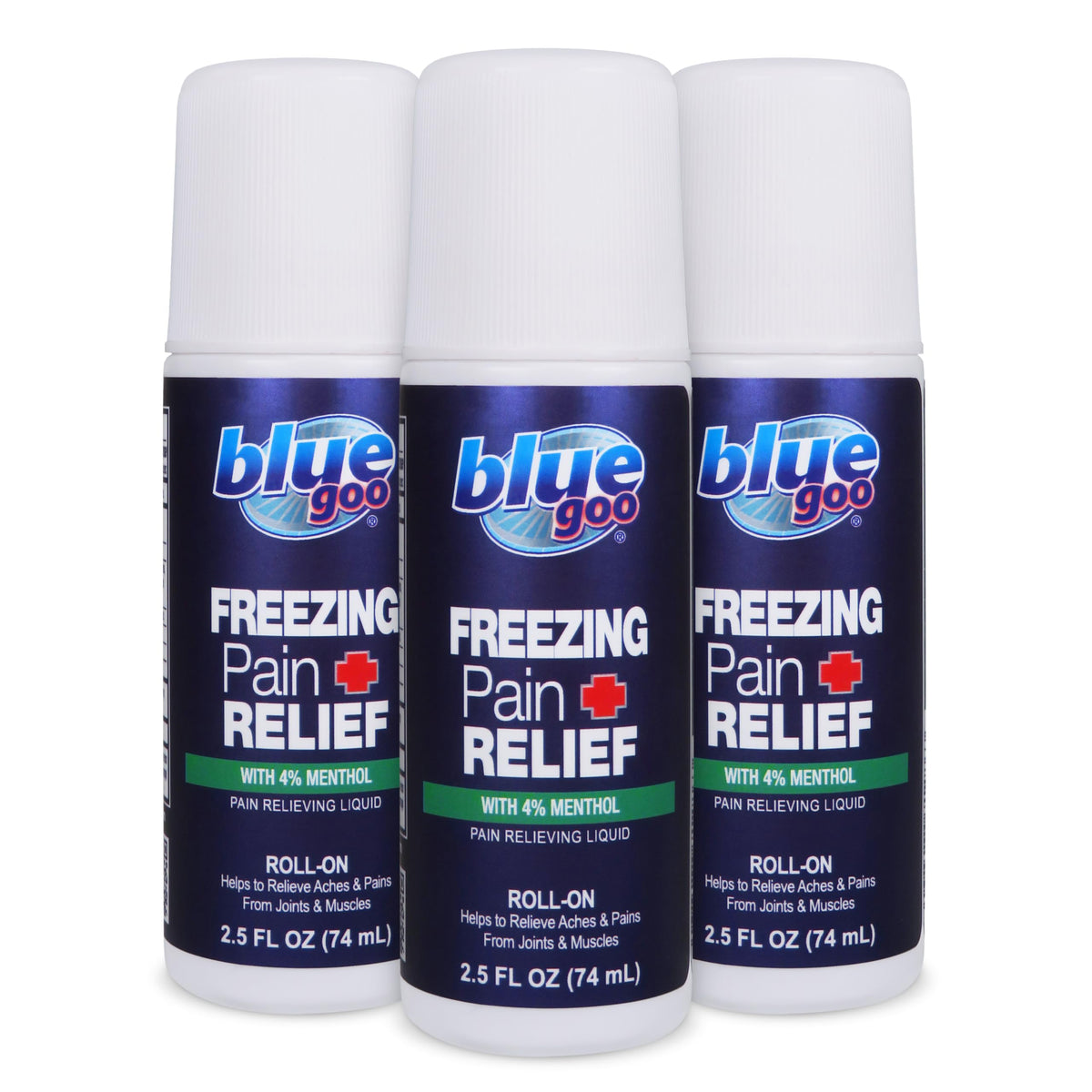 Blue Goo Pain Relieving Menthol Roll-On applied to back for a refreshing cooling sensation.