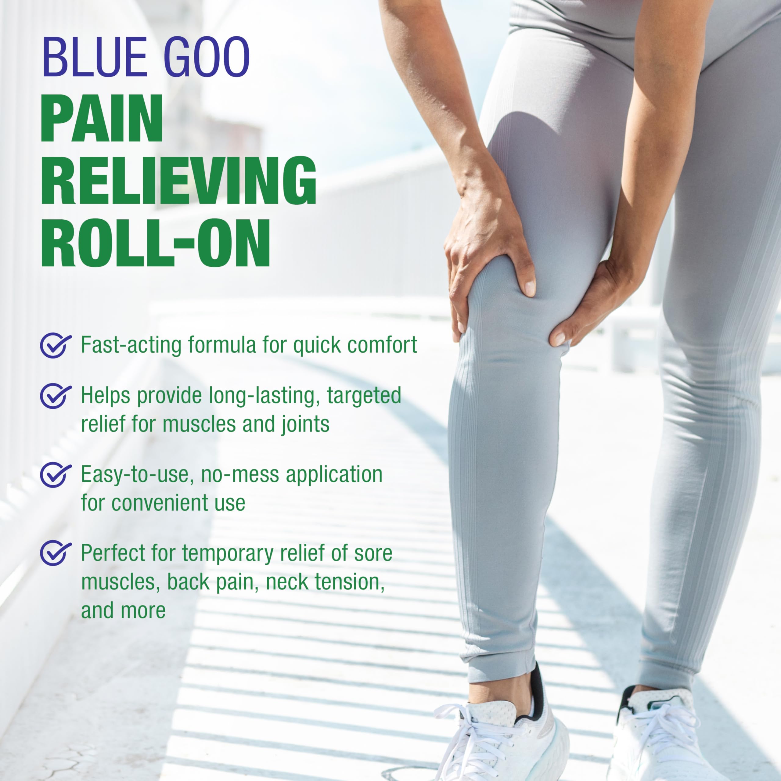 Blue Goo Pain Relieving Menthol Roll-On applied to knee for gentle cooling coverage.