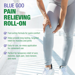 Blue Goo Pain Relieving Menthol Roll-On applied to knee for gentle cooling coverage.