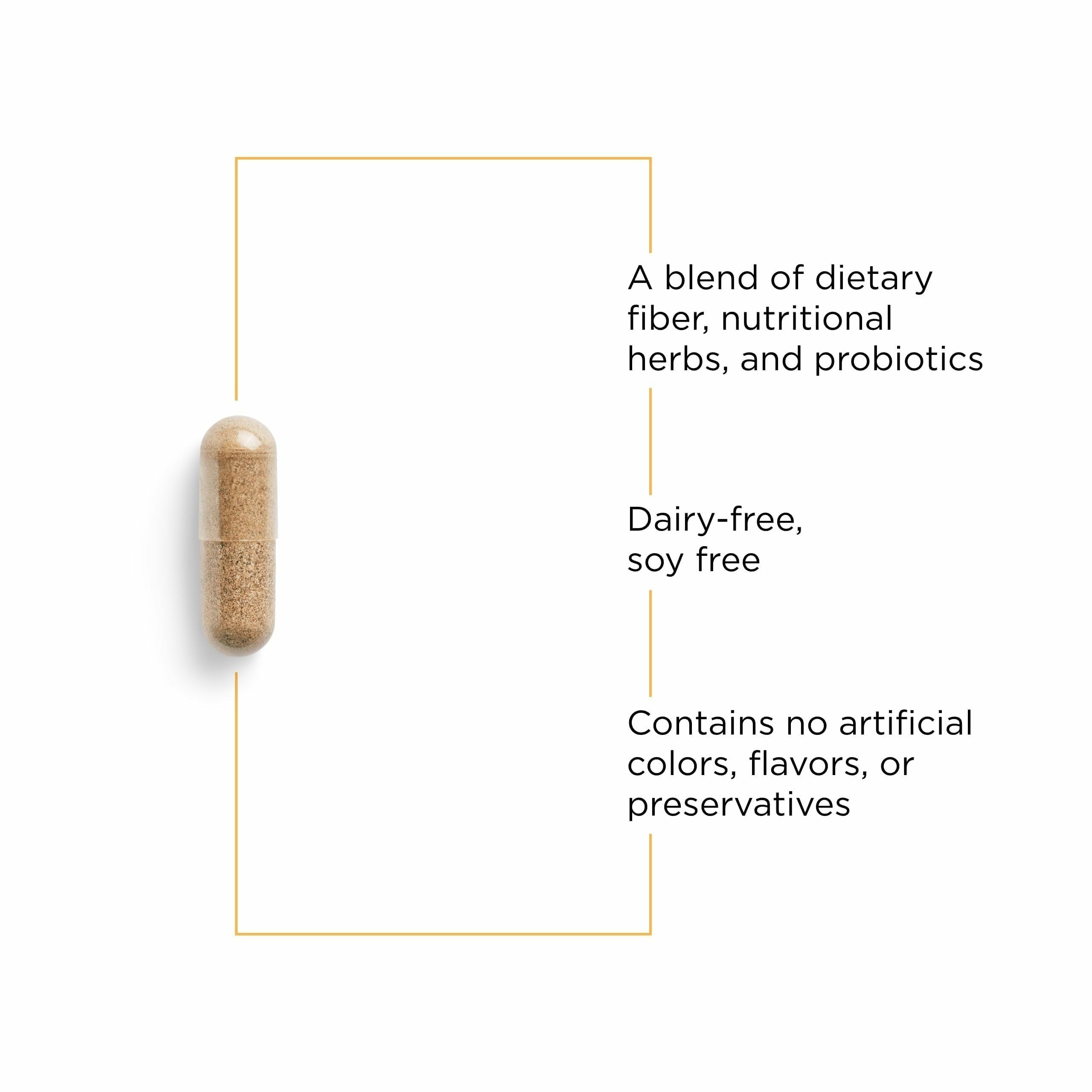 Close-up of Blue Heron capsules emphasizing probiotic and fiber formula