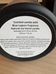 Blue Lagoon Skin Science candle close-up reveals soothing fragrance for relaxation.