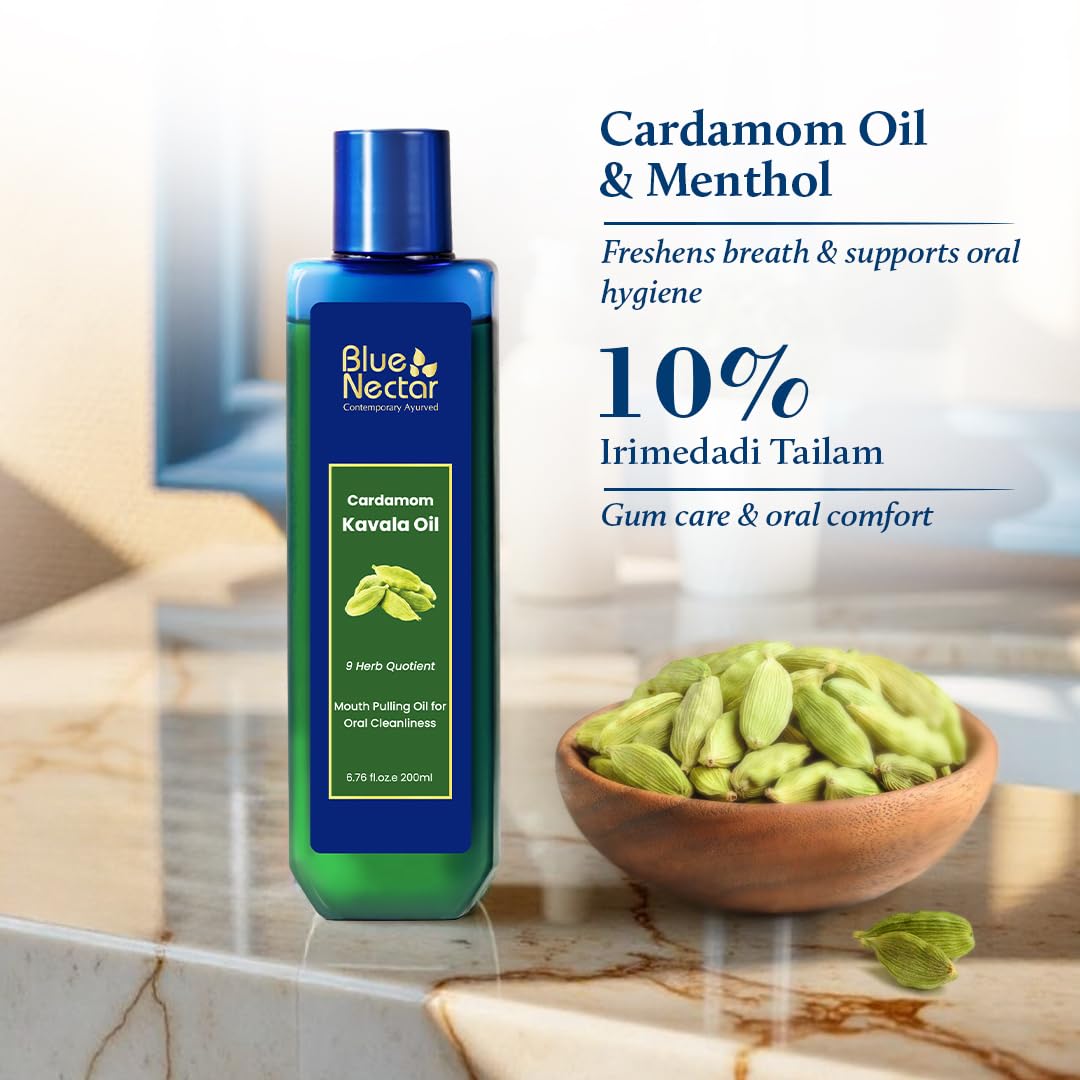 Blue Nectar Cardamom Mint Oil Pulling swirl demonstrates easy oil pulling for daily care.