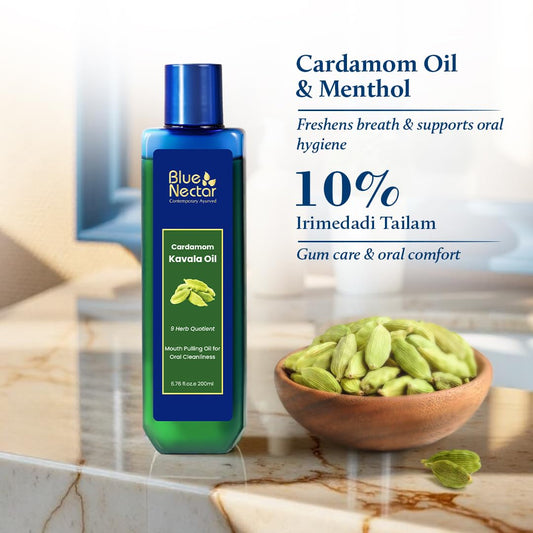 Blue Nectar Cardamom Mint Oil Pulling swirl demonstrates easy oil pulling for daily care.