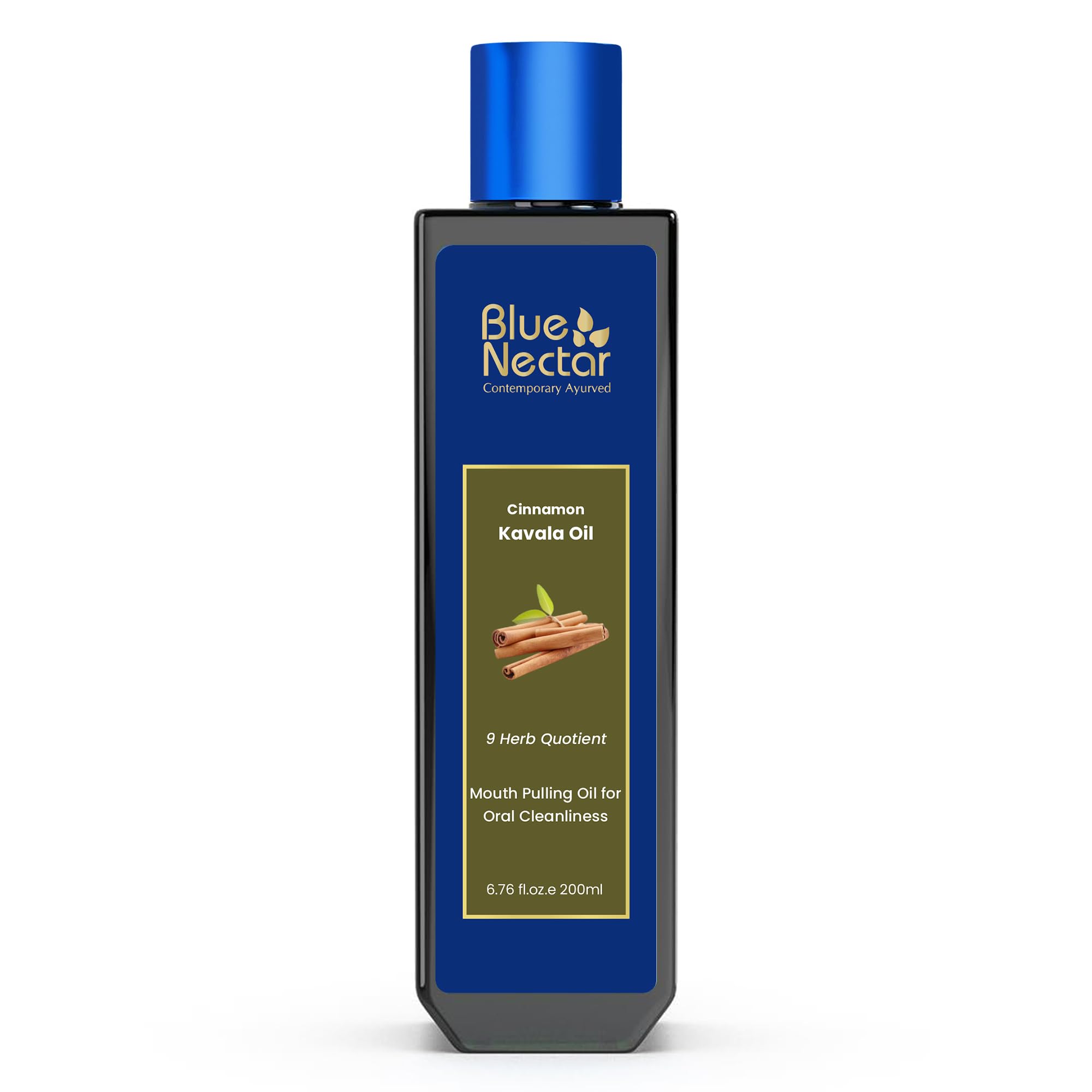 Blue Nectar Cinnamon Mouth Pulling Oil bottle supports fresh breath.