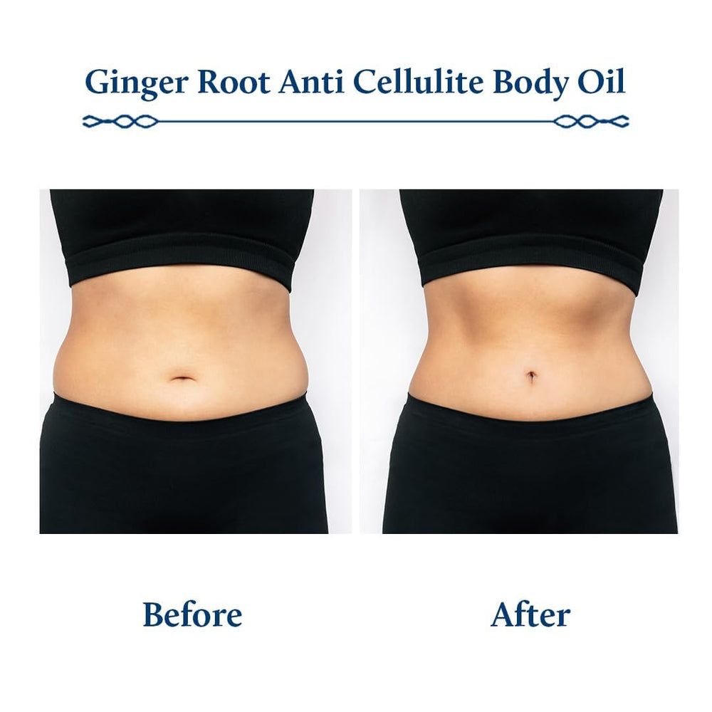 Blue Nectar Ginger Oil anti-cellulite toning visuals suggest improved texture with use.