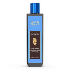 Blue Nectar Ginger Oil bottle pour for cellulite-targeting body massage and toning.