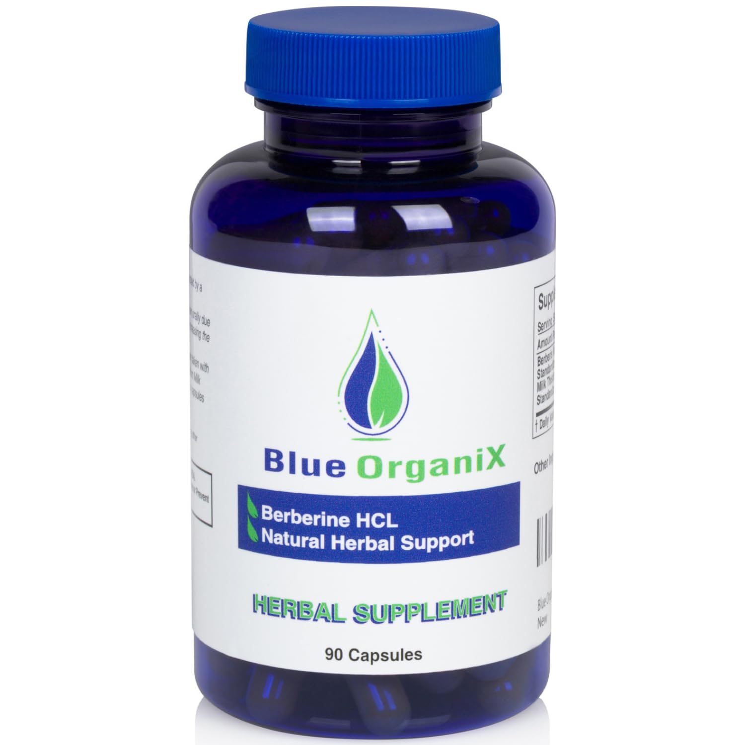 Blue Organix berberine bottle label highlights 500 mg formula with milk thistle for natural wellness.