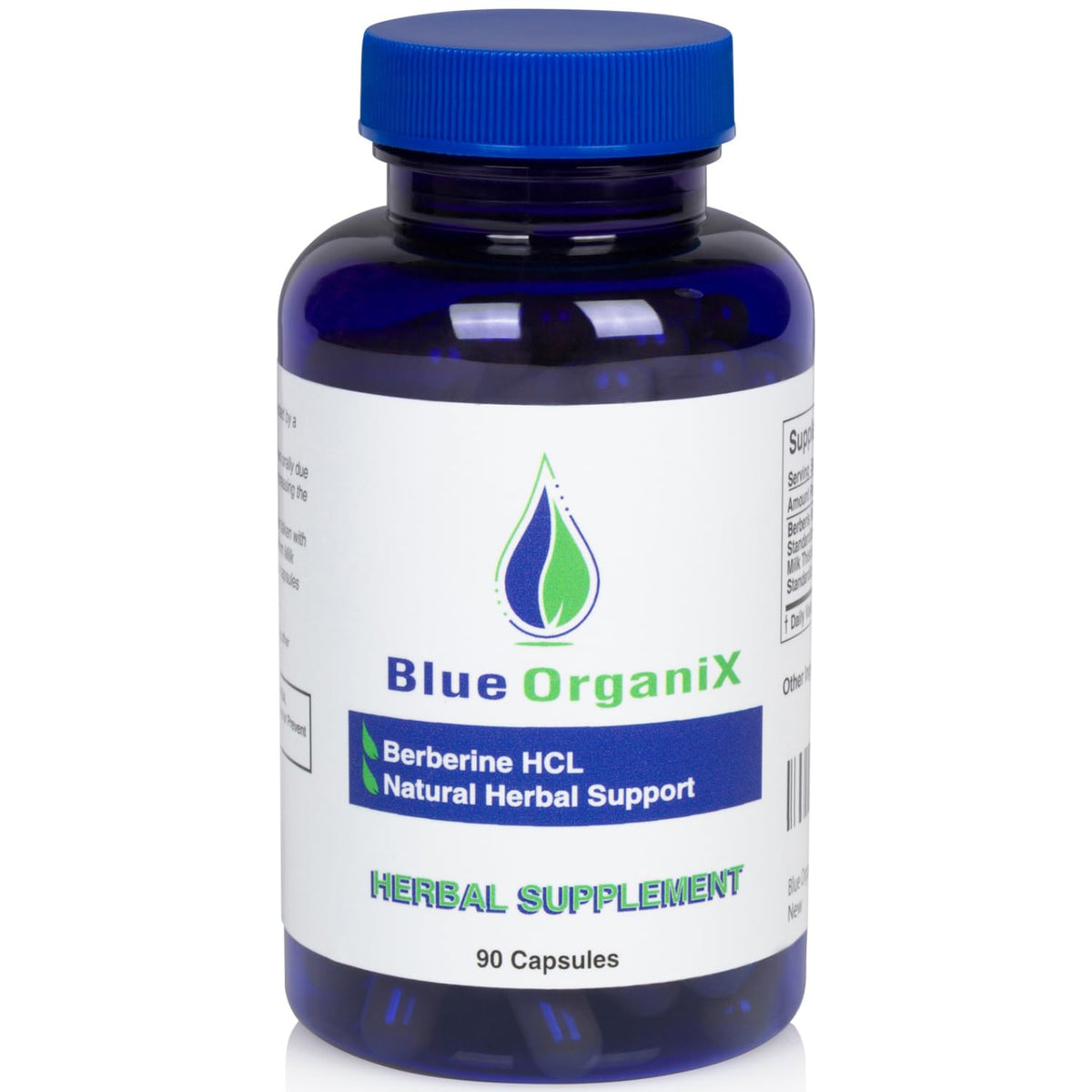 Blue Organix berberine bottle label highlights 500 mg formula with milk thistle for natural wellness.