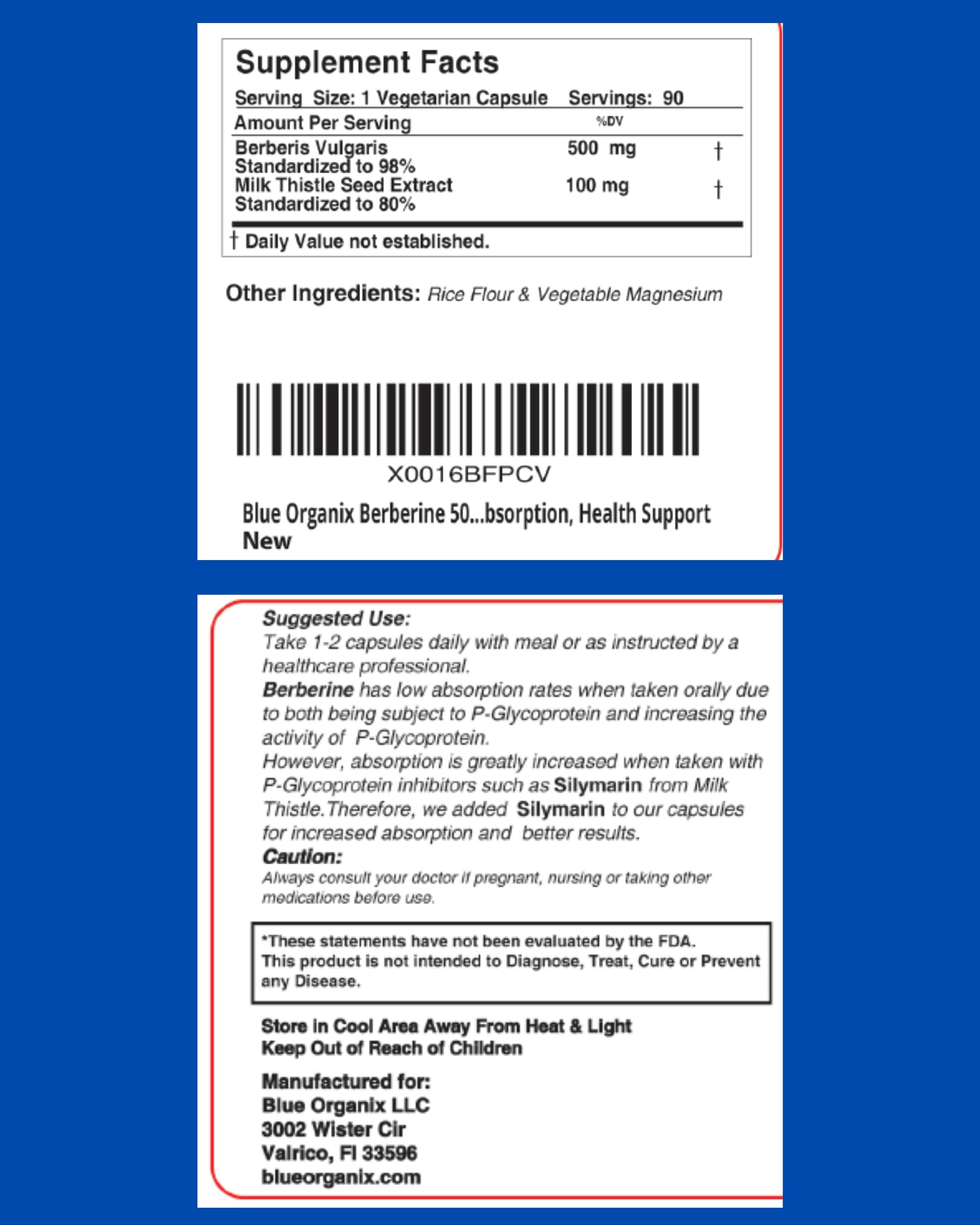Blue Organix berberine bottle pour demonstrates easy daily dosing for convenient use.