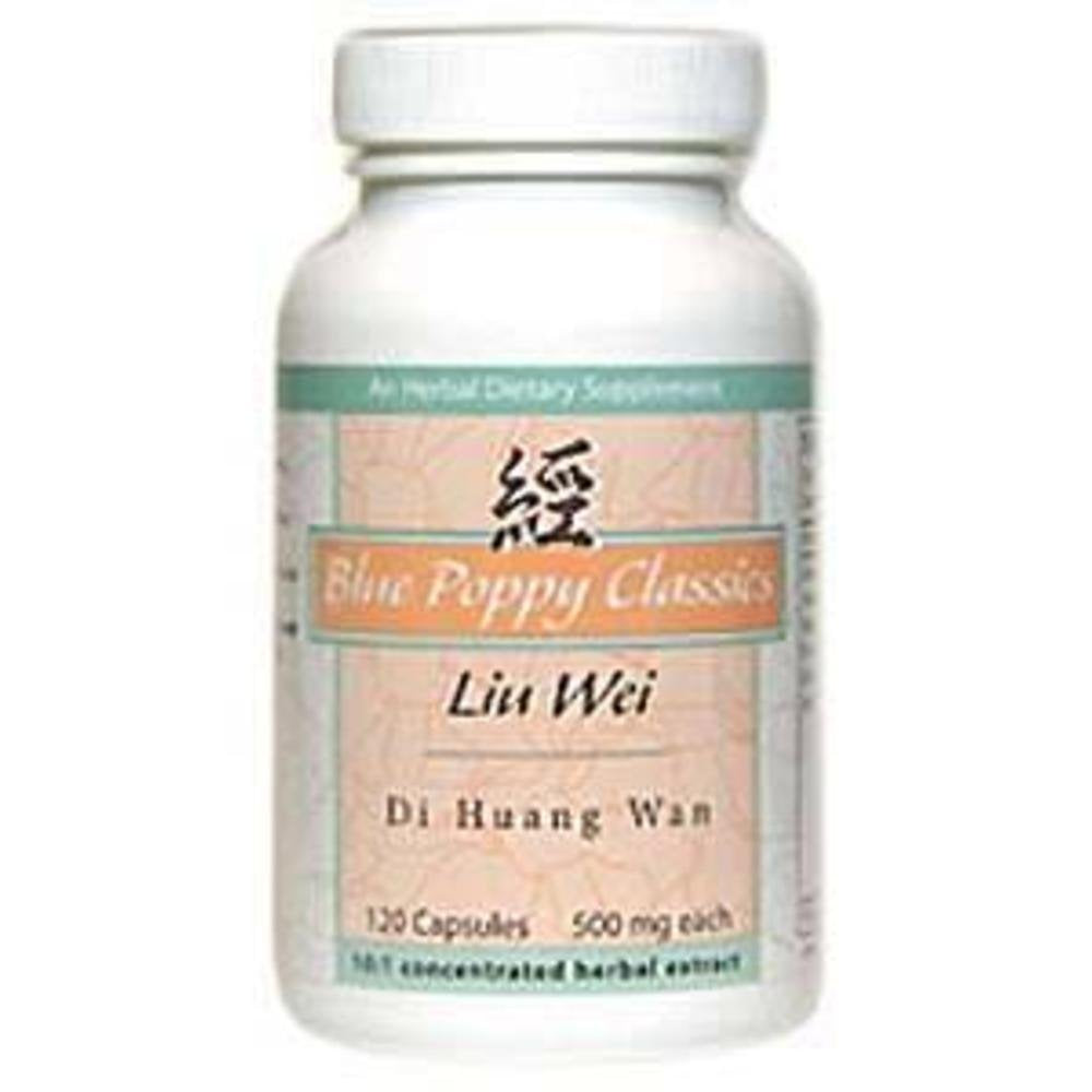 Blue Poppy Liu Wei Di Huang Wan bottle with 120 capsules for convenient daily use